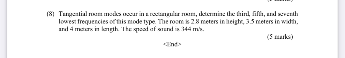 Solved (8) ﻿Tangential room modes occur in a rectangular | Chegg.com