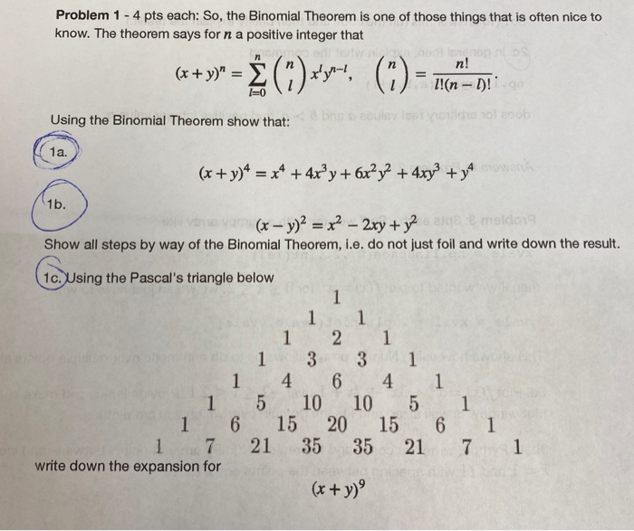 Solved Problem 1 - 4 pts each: So, the Binomial Theorem is | Chegg.com