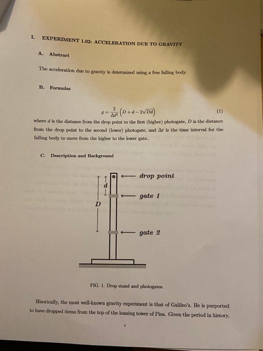 Solved I. EXPERIMENT 102: ACCELERATION DUE TO GRAVITY A. | Chegg.com