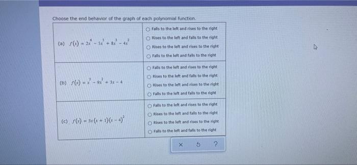 Solved Choose the end behavior of the graph of each | Chegg.com