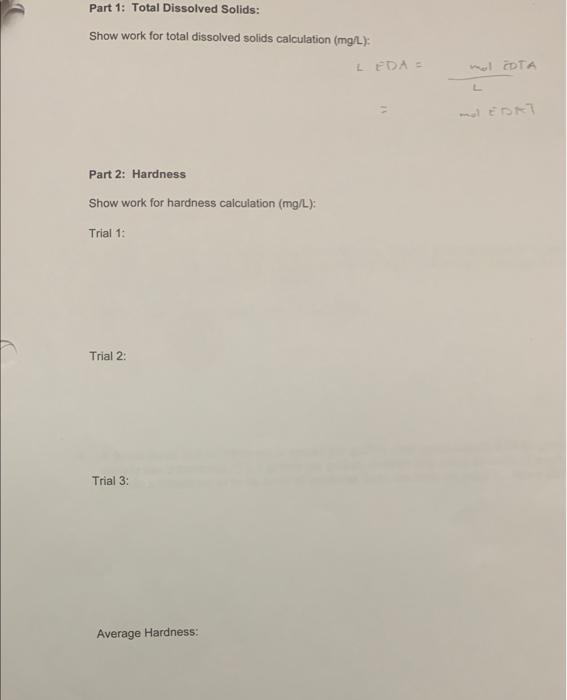 Solved Part 1: Total Dissolved Solids Water sample size | Chegg.com
