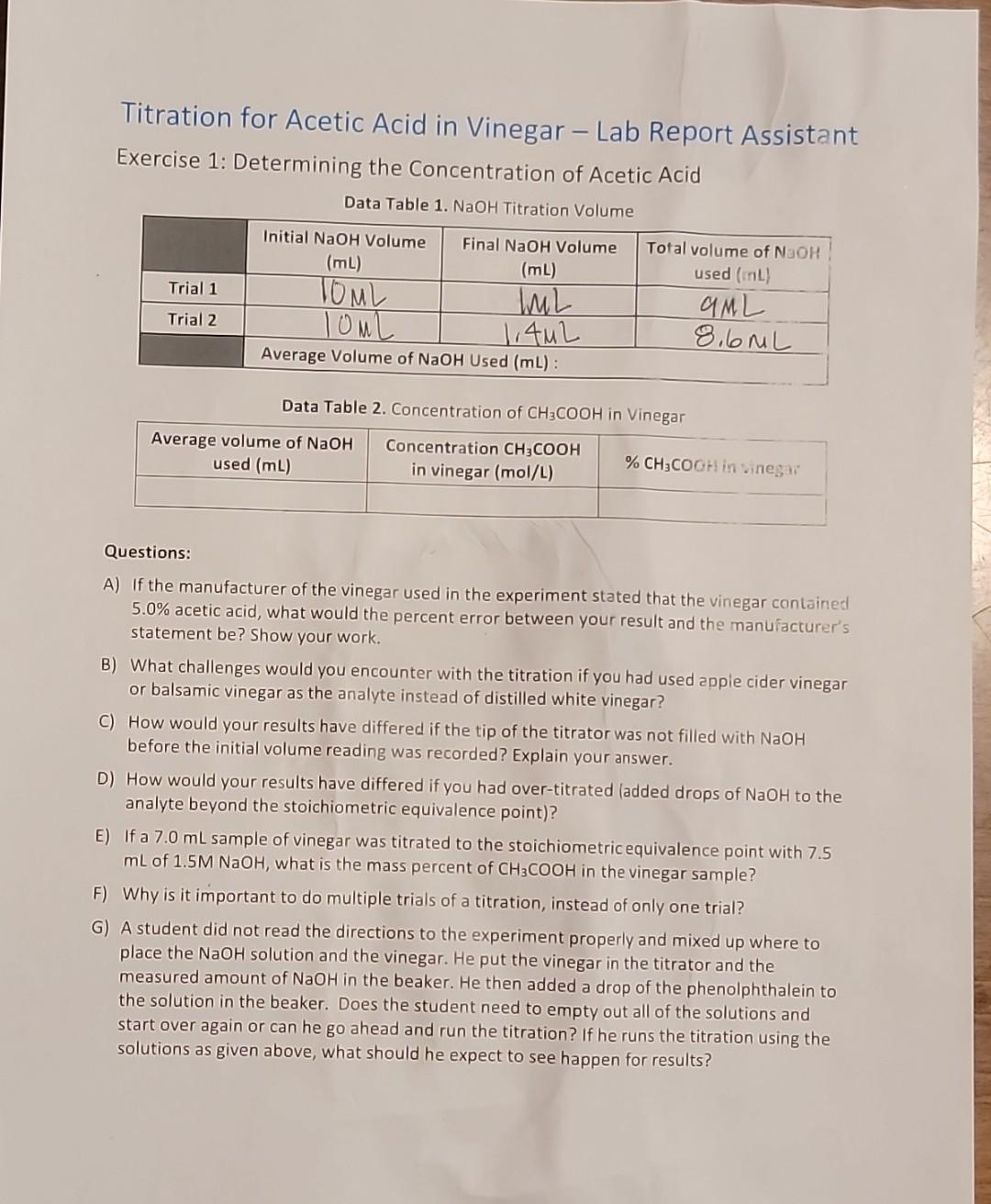 Titration for Acetic Acid in Vinegar Lab Report