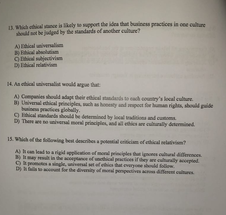 Solved Which ethical stance is likely to support the idea | Chegg.com