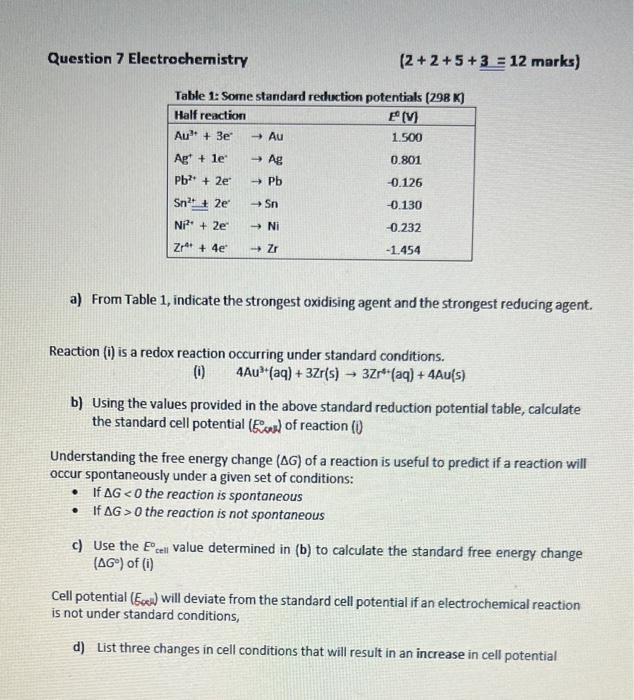 Solved Question 7 Electrochemistry (2+2+5+3=12 marks ) Table