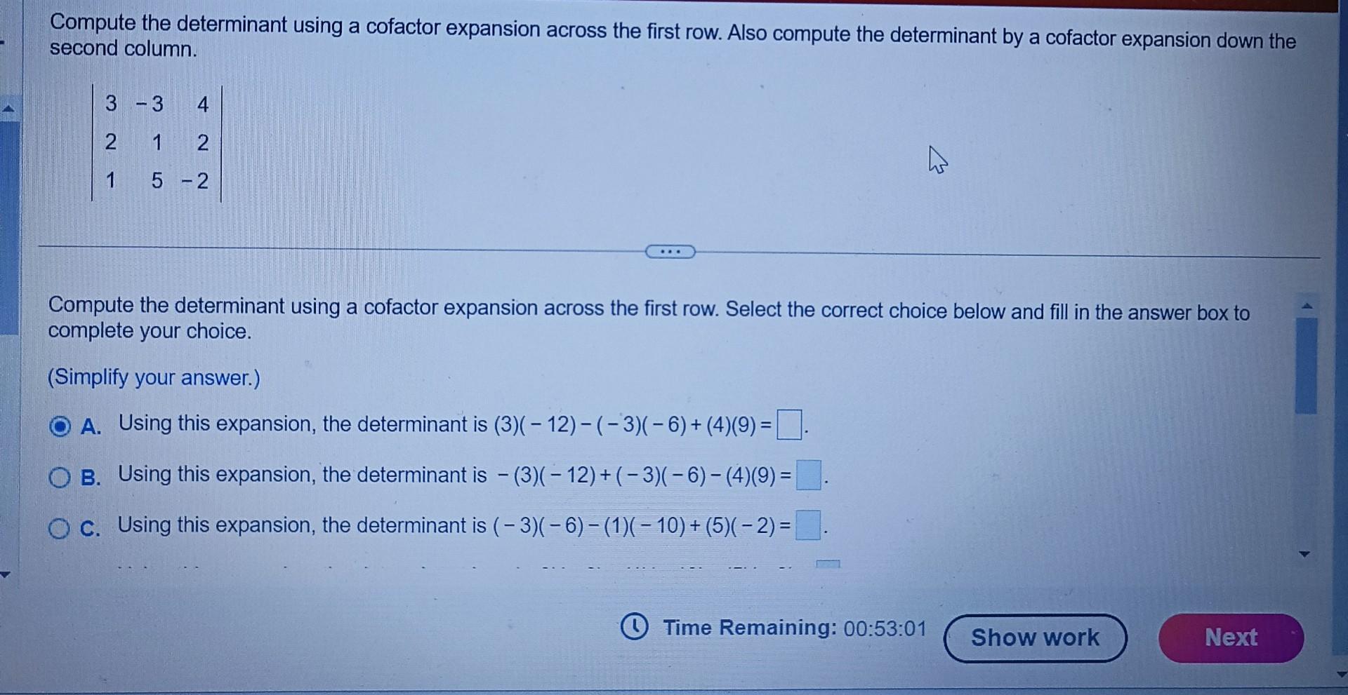 Solved Compute The Determinant Using A Cofactor Expansion | Chegg.com