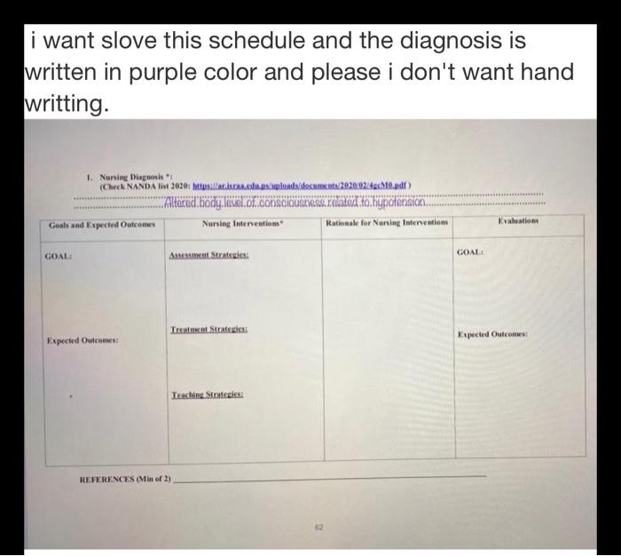 i want slove this schedule and the diagnosis is written in purple color and please i dont want hand writting. 1. Nursing Dia