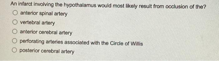 Solved An infarct involving the hypothalamus would most | Chegg.com