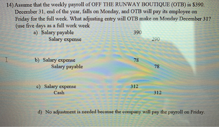 Solved 14 Assume That The Weekly Payroll Of OFF THE RUNWAY Chegg