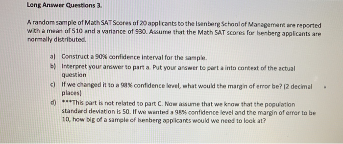 Random Sat Math Question Solved Long Answer Questions 3. A random sample of Math SAT | Chegg.com
