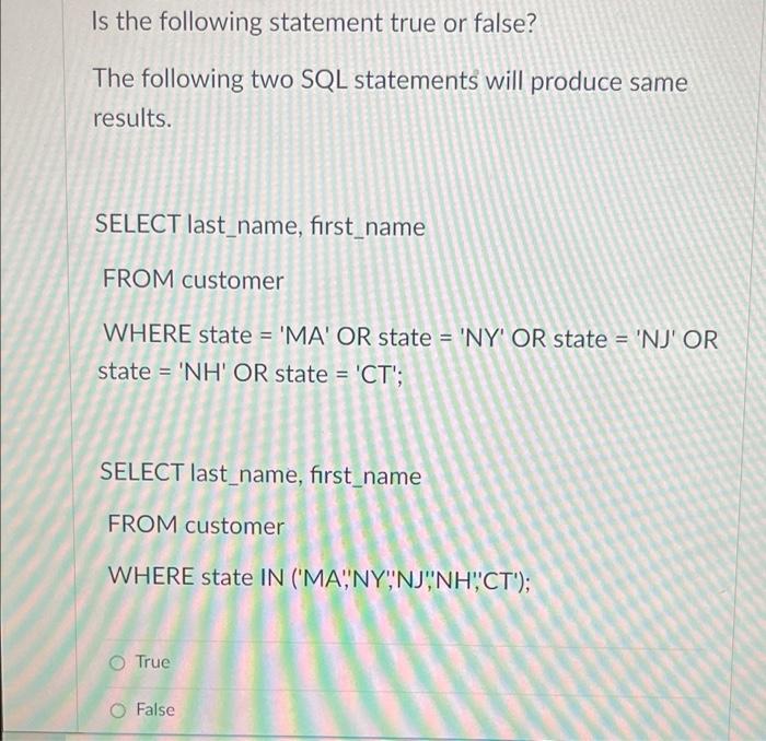 Solved What will be returned when the following SQL | Chegg.com