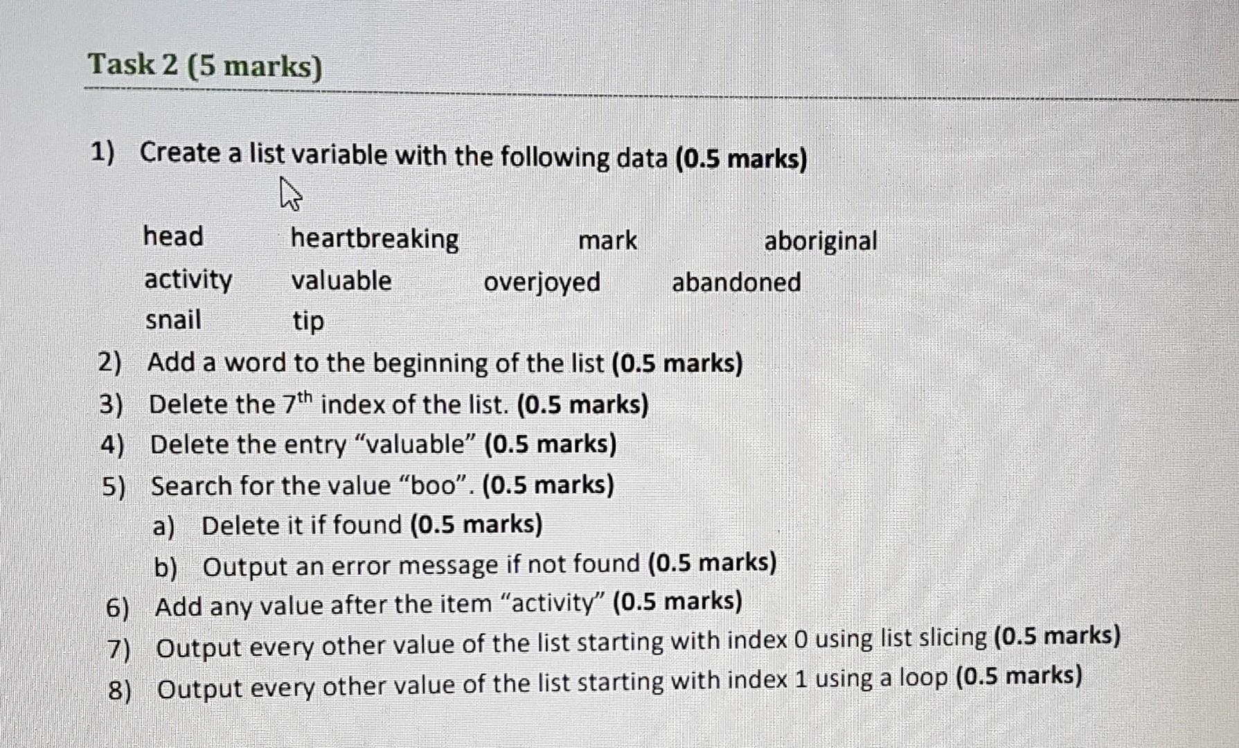 Solved Task 2 (5 marks) 1) Create a list variable with the | Chegg.com