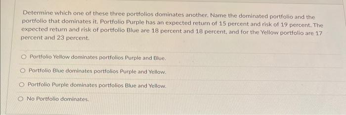 Determine which one of these three portfolios dominates another. Name the dominated portfolio and the portfolio that dominate