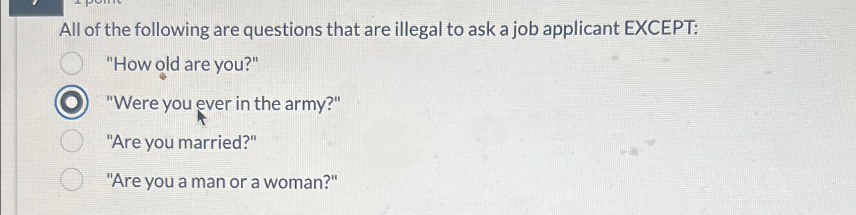 Solved All of the following are questions that are illegal | Chegg.com
