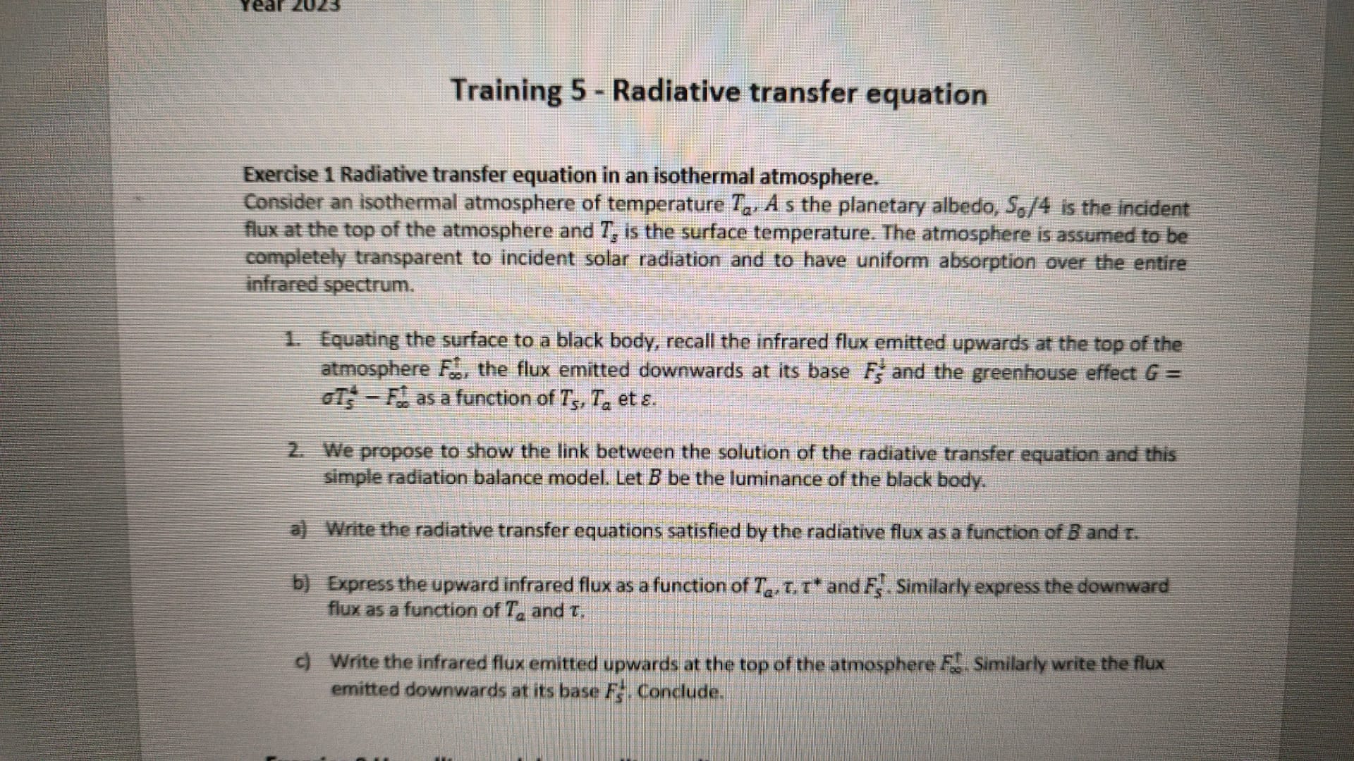 Solved Training 5 - ﻿Radiative transfer equationExercise | Chegg.com