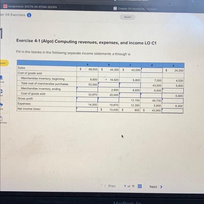 Solved Exercise 4-1 (Algo) Computing Revenues, Expenses, And | Chegg.com