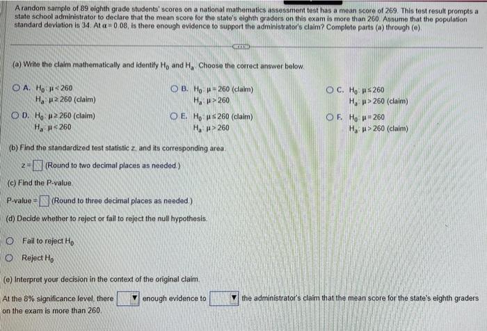 Solved A random sample of 89 eighth grade students' scores | Chegg.com