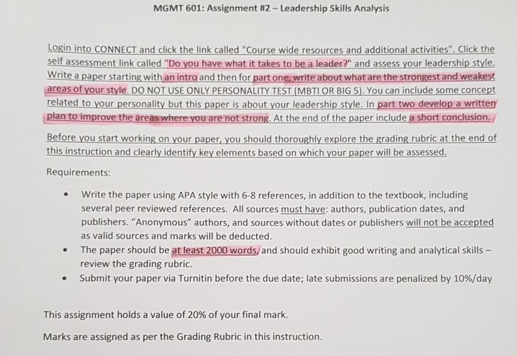 Solved MGMT 601: Assignment #2 - Leadership Skills Analysis | Chegg.com