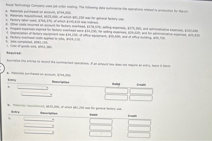 Solved Royal Technology Company uses job order costing. The | Chegg.com