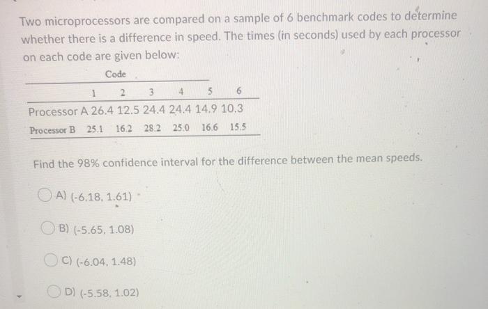Solved Two microprocessors are compared on a sample of 6 | Chegg.com