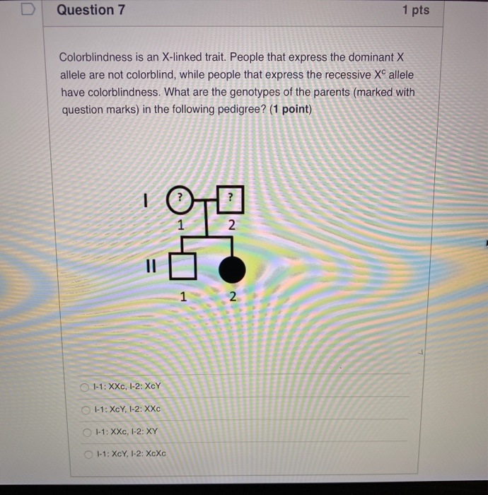 Solved Question 7 1 pts Colorblindness is an X-linked trait