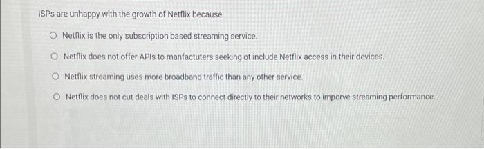 Solved ISPs are unhappy with the growth of Netflix because O | Chegg.com