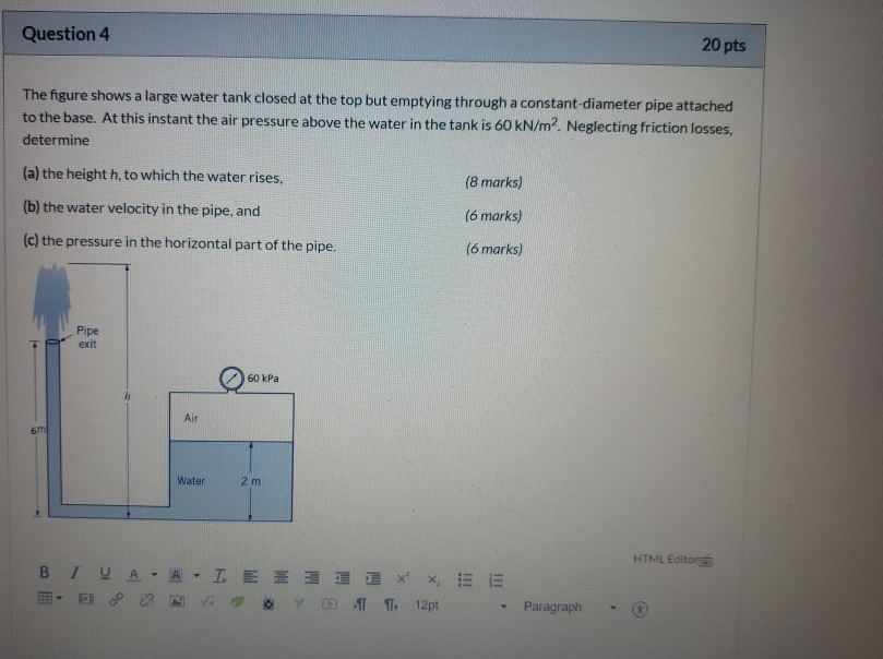 Solved Question 4 20 pts The figure shows a large water tank | Chegg.com