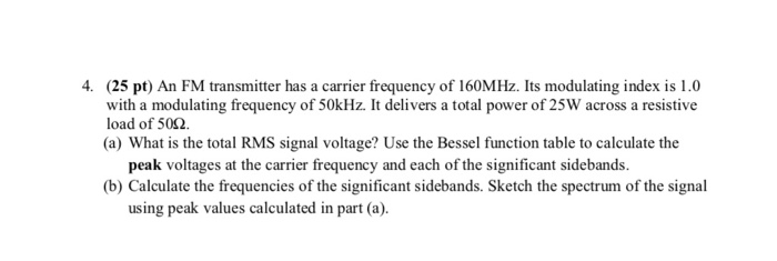 Solved 4. (25 pt) An FM transmitter has a carrier frequency | Chegg.com