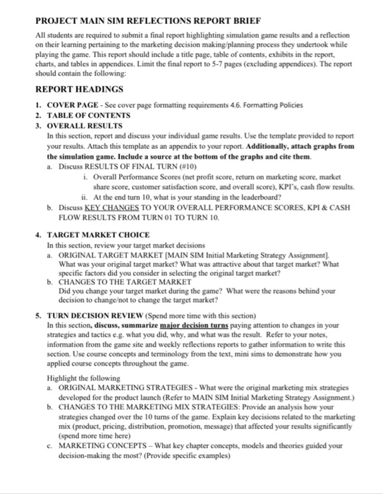 Sim Brief Example PROJECT MAIN SIM REFLECTIONS REPORT BRIEFAll students | Chegg.com