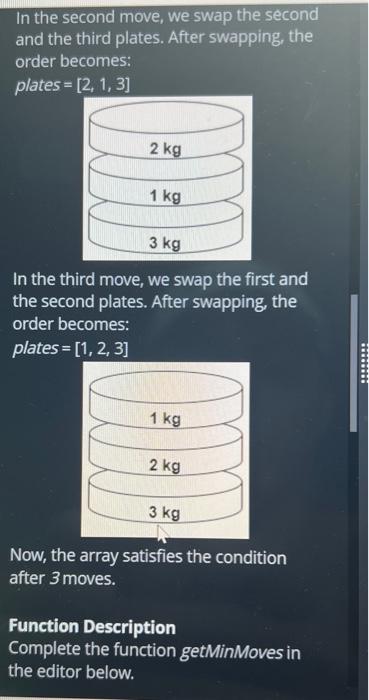 In the second move, we swap the second and the third plates. After swapping, the order becomes:
plates \( =[2,1,3] \)
In the 