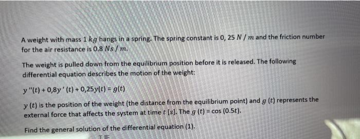 Solved A weight with mass 1 kg hangs in a spring. The spring | Chegg.com