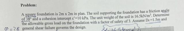 Solved Problem: A square foundation is 2m x 2m in plan. The | Chegg.com