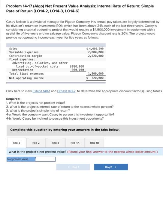 Solved Problem 14-17 (Algo) Net Present Value Analysis; | Chegg.com