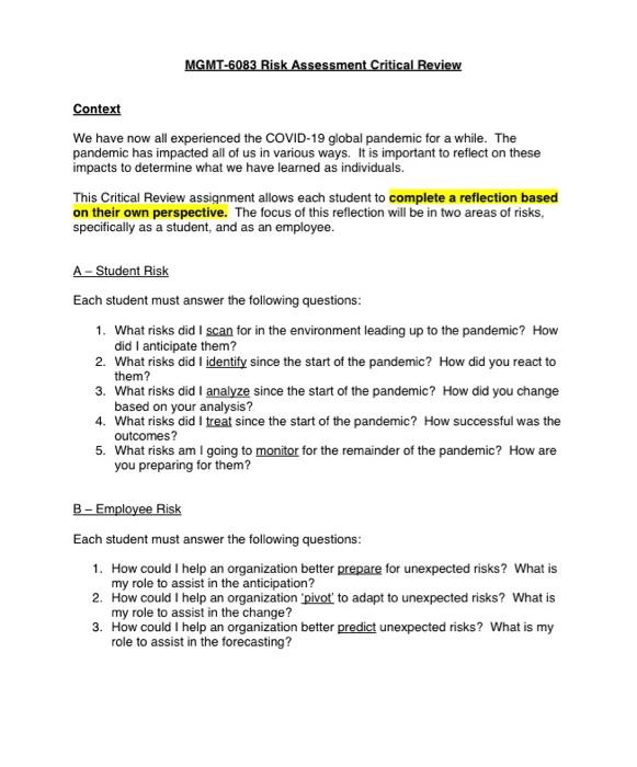 MGMT-6083 Risk Assessment Critical Review Context We | Chegg.com