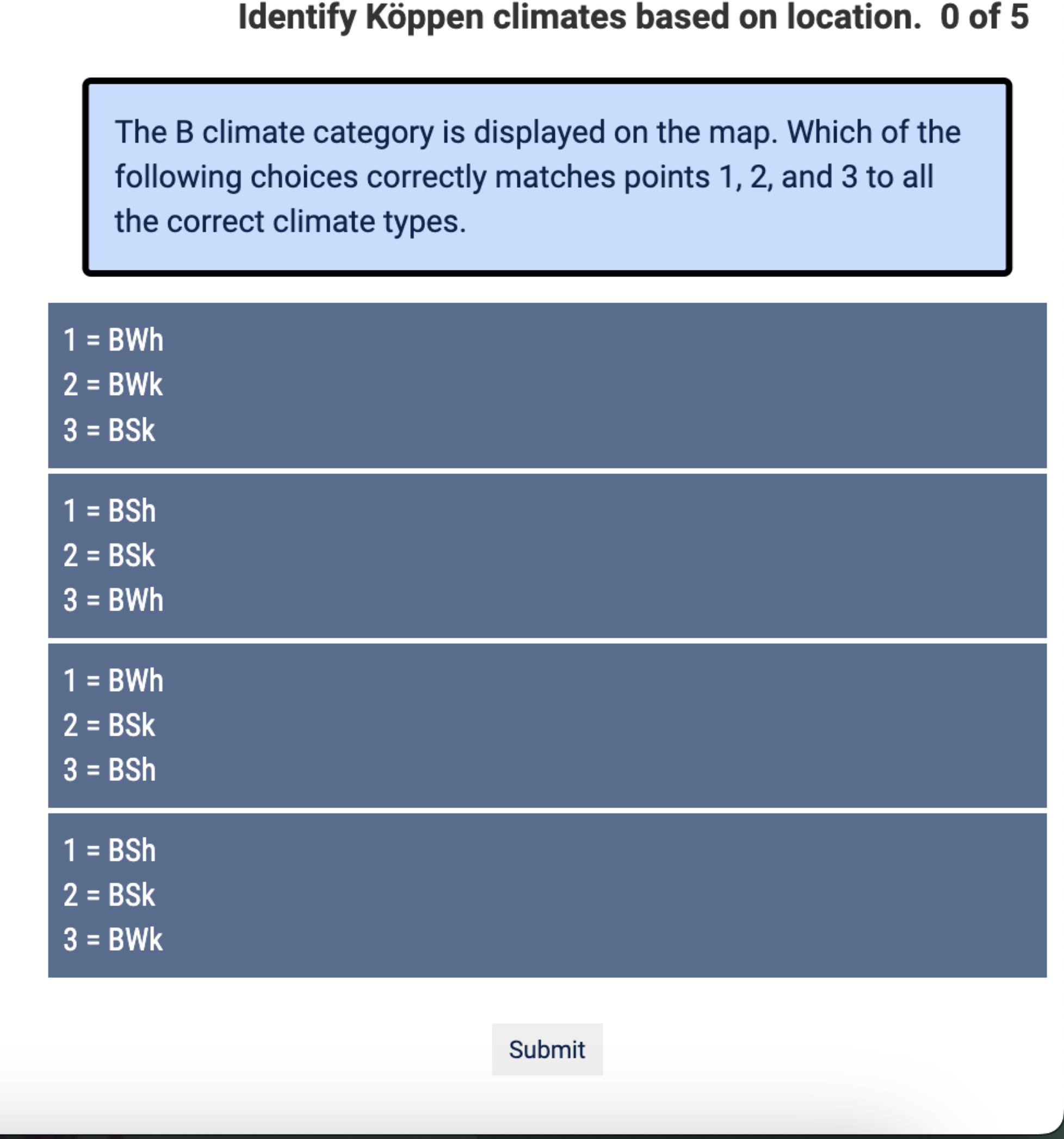 Solved Identify Köppen climates based on location. 0 ﻿of | Chegg.com
