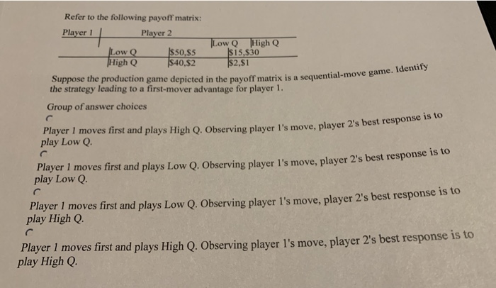 Solved Refer to the following payoff matrix: Player Player 2 | Chegg.com