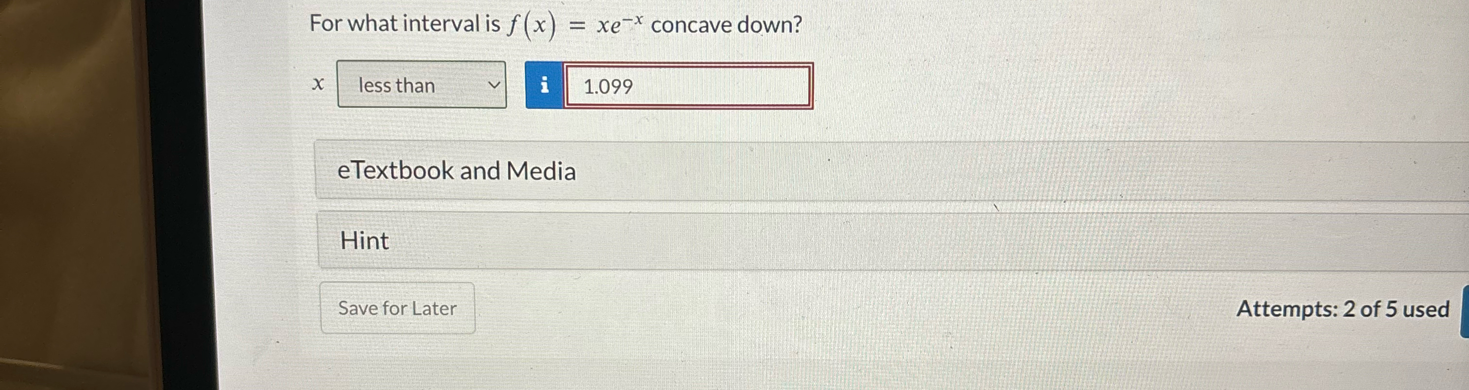 Solved For what interval is f(x)=xe-x ﻿concave | Chegg.com