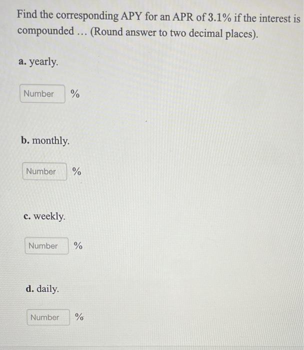 Solved Find the corresponding APY for an APR of 3.1% if the | Chegg.com