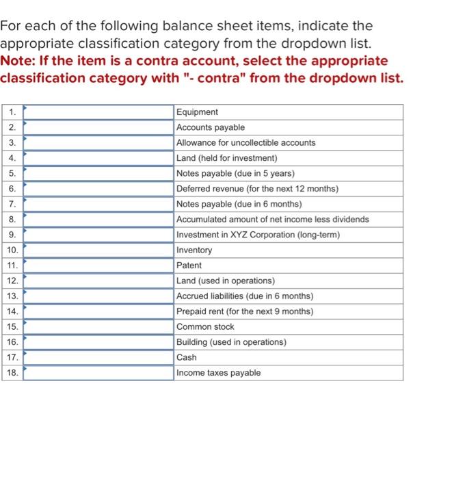 Solved For Each Of The Following Balance Sheet Items, | Chegg.com