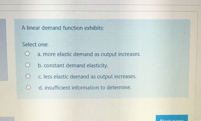 Solved A Linear Demand Function Exhibits: Select One: A. | Chegg.com