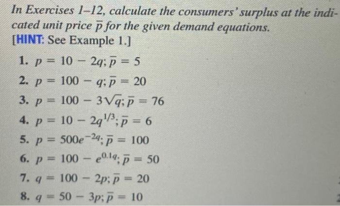 Solved In Exercises 1-12, calculate the consumers' surplus | Chegg.com
