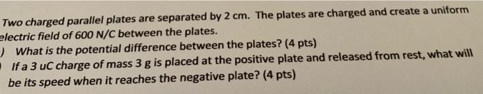 Solved Two Charged Parallel Plates Are Separated By 2 Cm. | Chegg.com