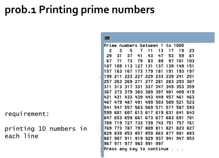 Solved the prob requires printing 10 prime numbers in each | Chegg.com