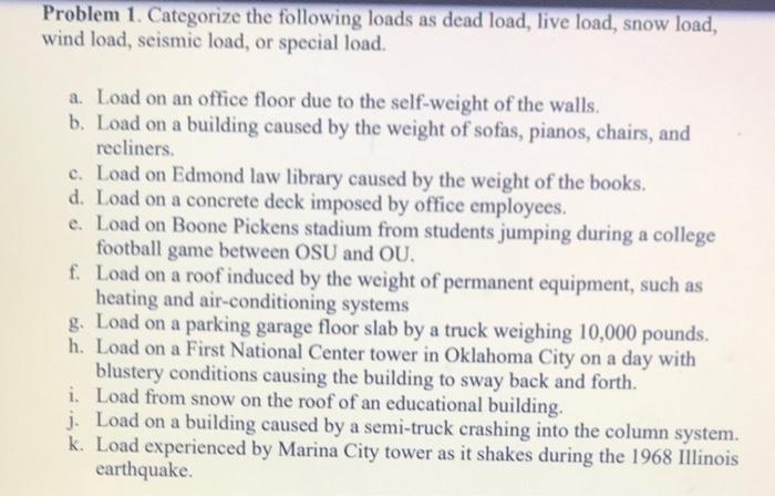 Solved Problem 1. Categorize the following loads as dead | Chegg.com