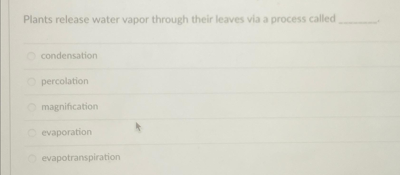 Solved Plants release water vapor through their leaves via a