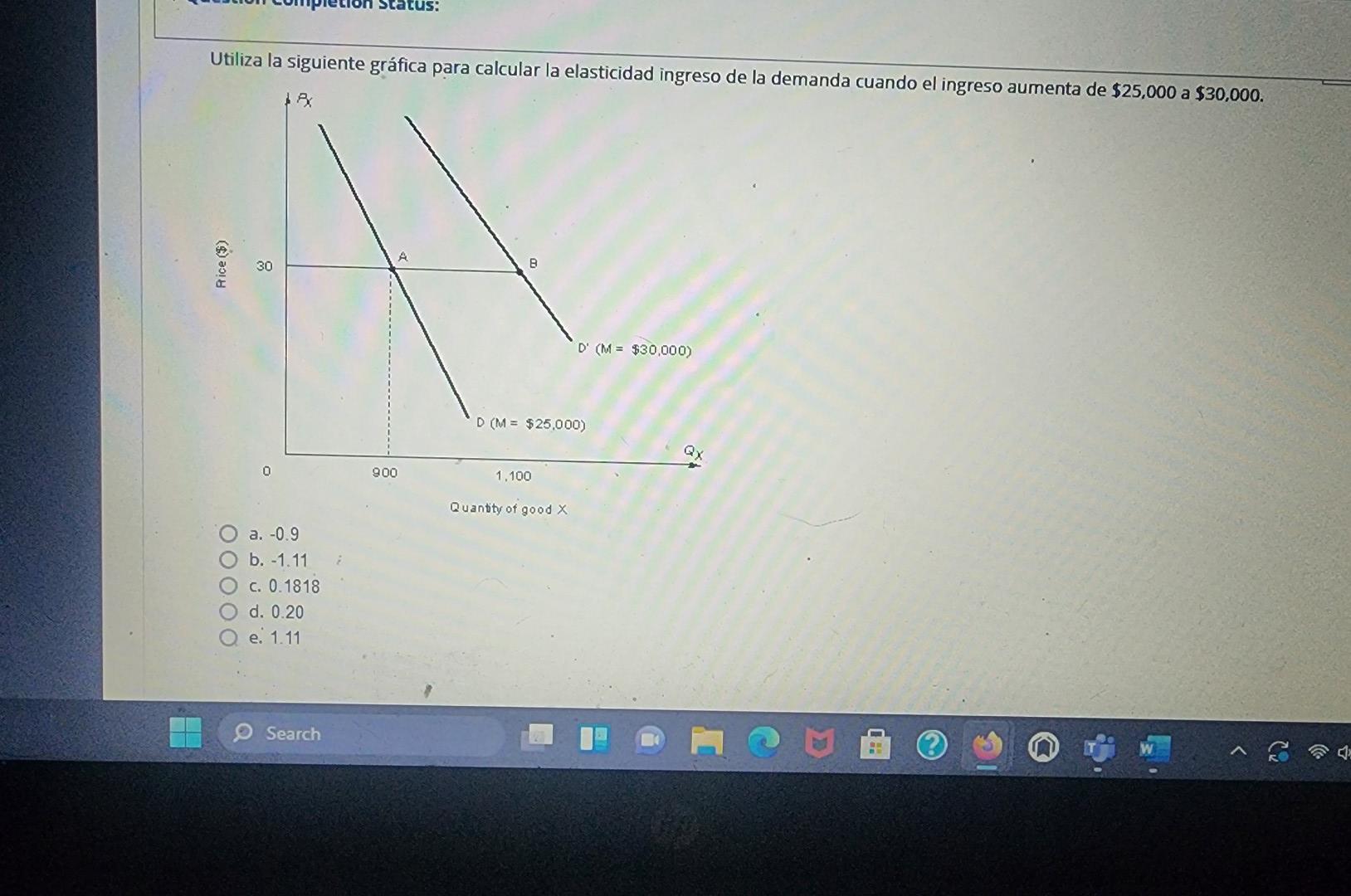 Utiliza la siguiente gráfica para calcular la elasticidad ingreso de la demanda cuando el ingreso aumenta de \( \$ 25,000 \)