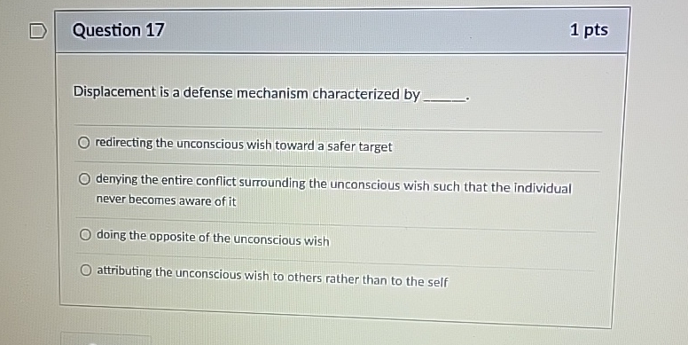 Solved Question 171 ﻿ptsDisplacement Is A Defense Mechanism | Chegg.com