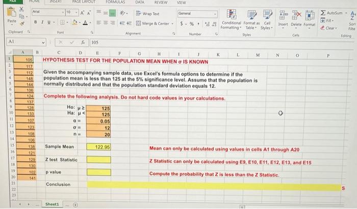 Solved Given the accompanying sample data, use Excel's | Chegg.com