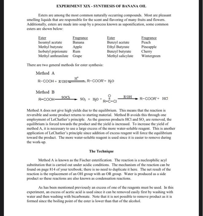 Solved EXPERIMENT XIX-SYNTHESIS OF BANANA OIL Esters are | Chegg.com