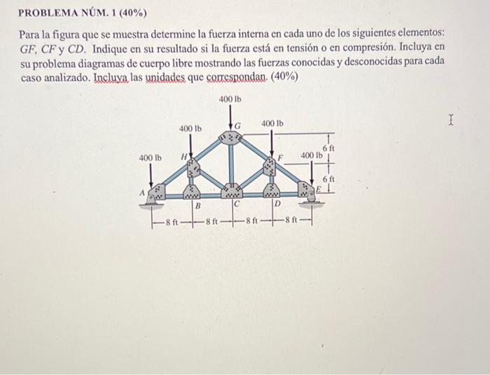 Para la figura que se muestra determine la fuerza interna en cada uno de los siguientes elementos: \( G F, C F \) y \( C D \)