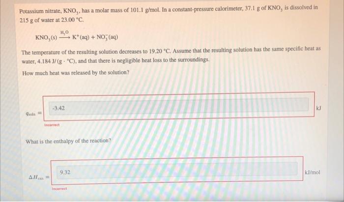 Solved Potassium Nitrate Kno Has A Molar Mass Of 1011 7087